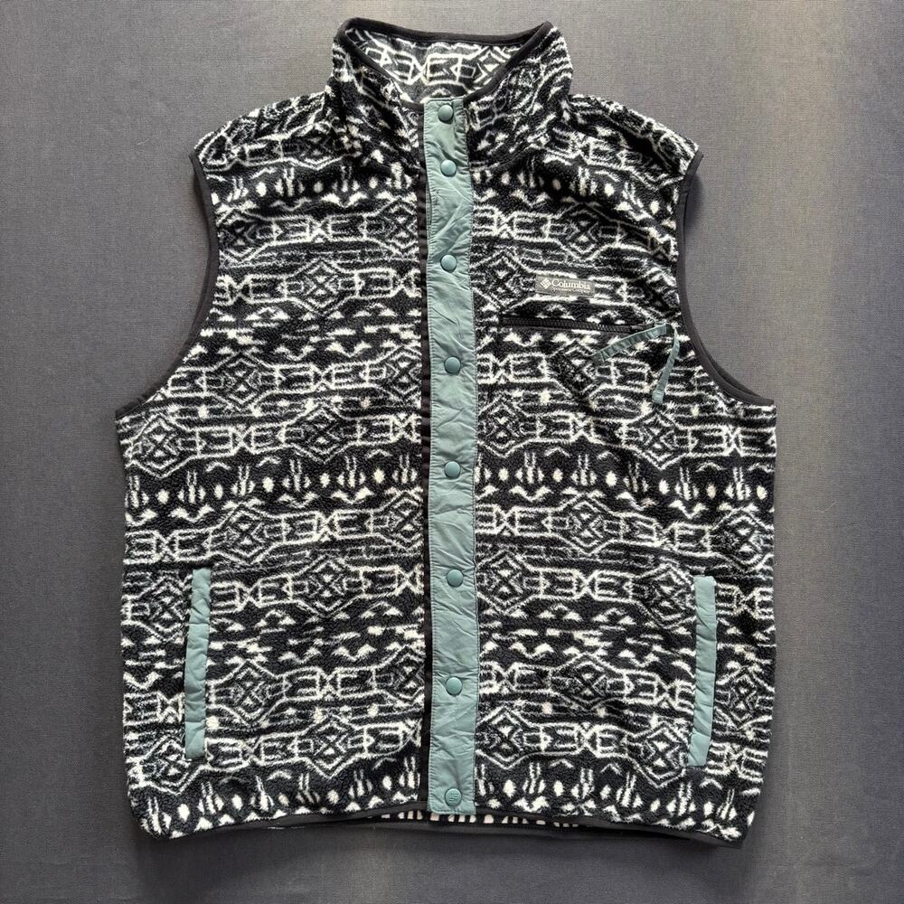 Y2K Columbia Sportswear Fleece Vest Black White Aztec Print Snap Front Sz XL